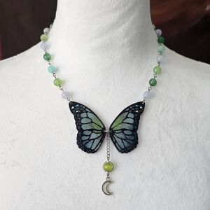 Handmade Cerulean Fairy Butterfly Pendant, Celestial Statement Necklace, Beaded